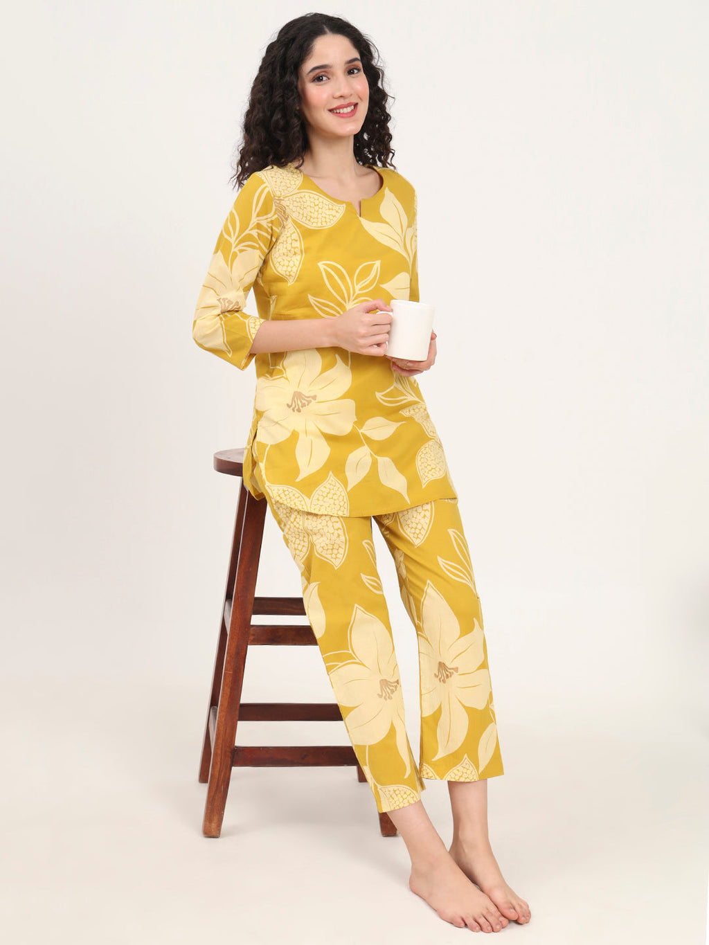 Noe Velarro Mustard Round Neck Printed Cotton Night Suit