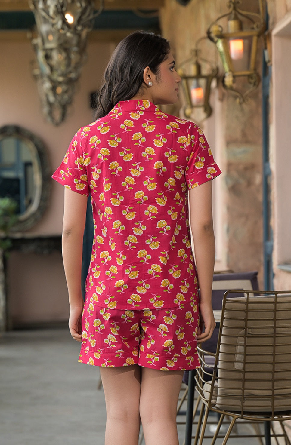 Noe Velarro Red Floral Cotton Shirt With Shorts Nightsuit