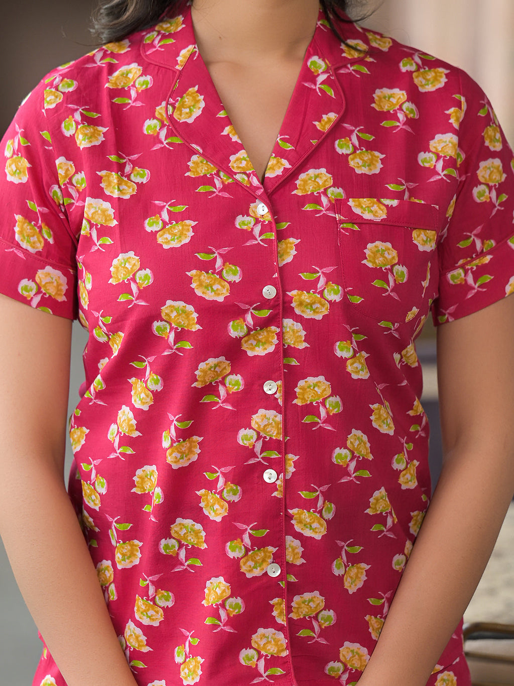 Noe Velarro Red Floral Cotton Shirt With Shorts Nightsuit