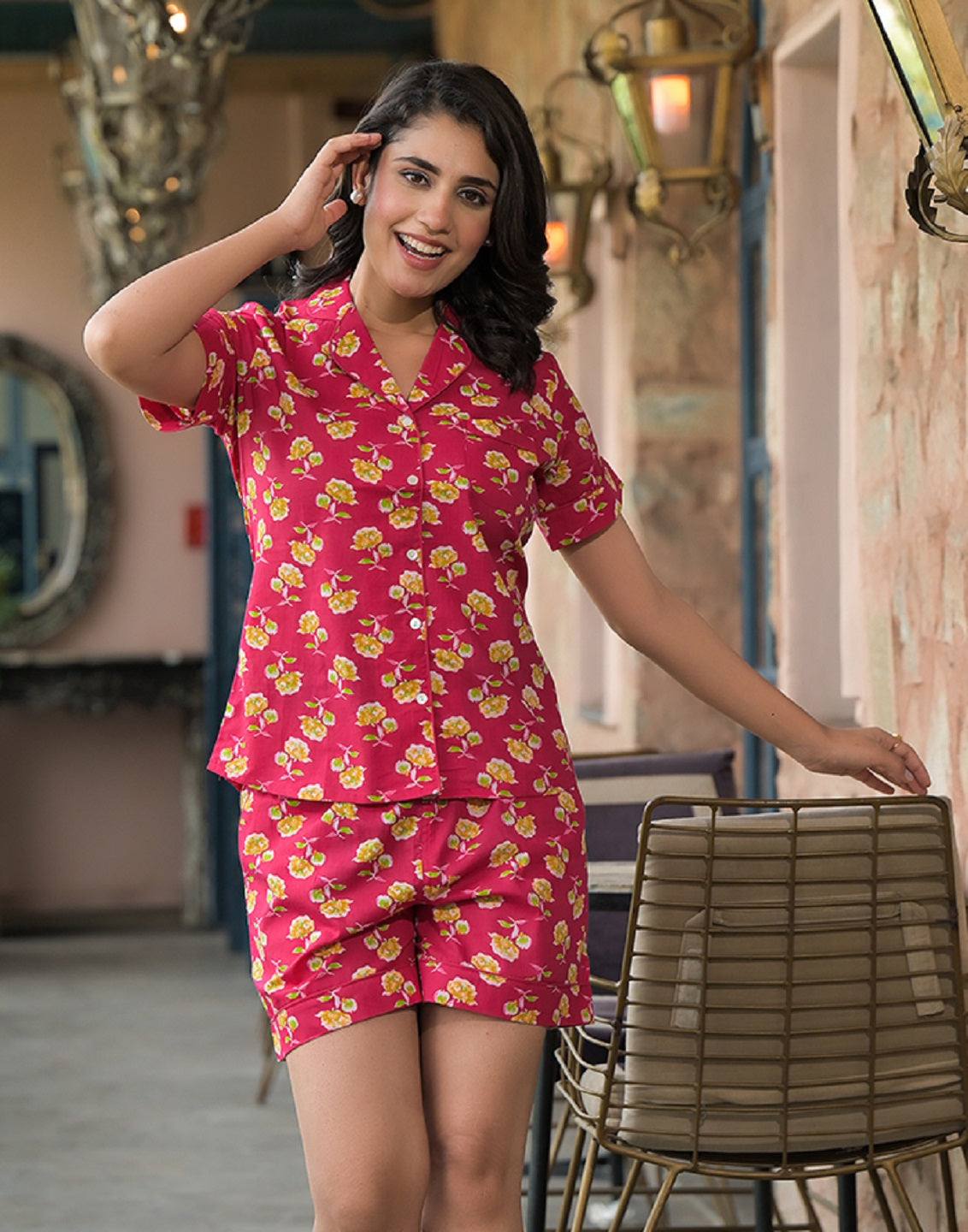 Noe Velarro Red Floral Cotton Shirt With Shorts Nightsuit