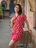 Noe Velarro Red Floral Cotton Shirt With Shorts Nightsuit