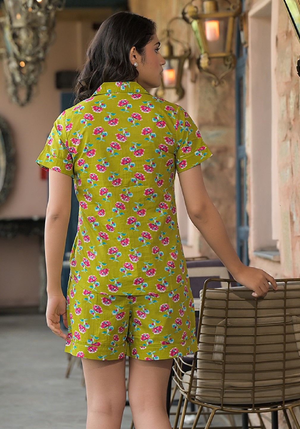 Noe Velarro Green Floral Cotton Shirt With Shorts Nightsuit
