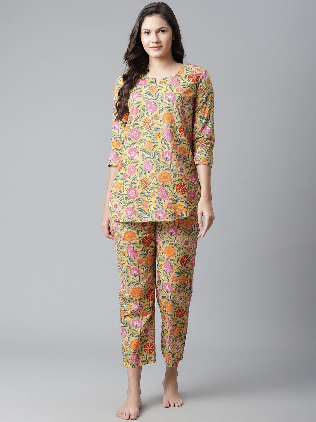 Divena Yellow Printed Cotton Night Wear - divena world