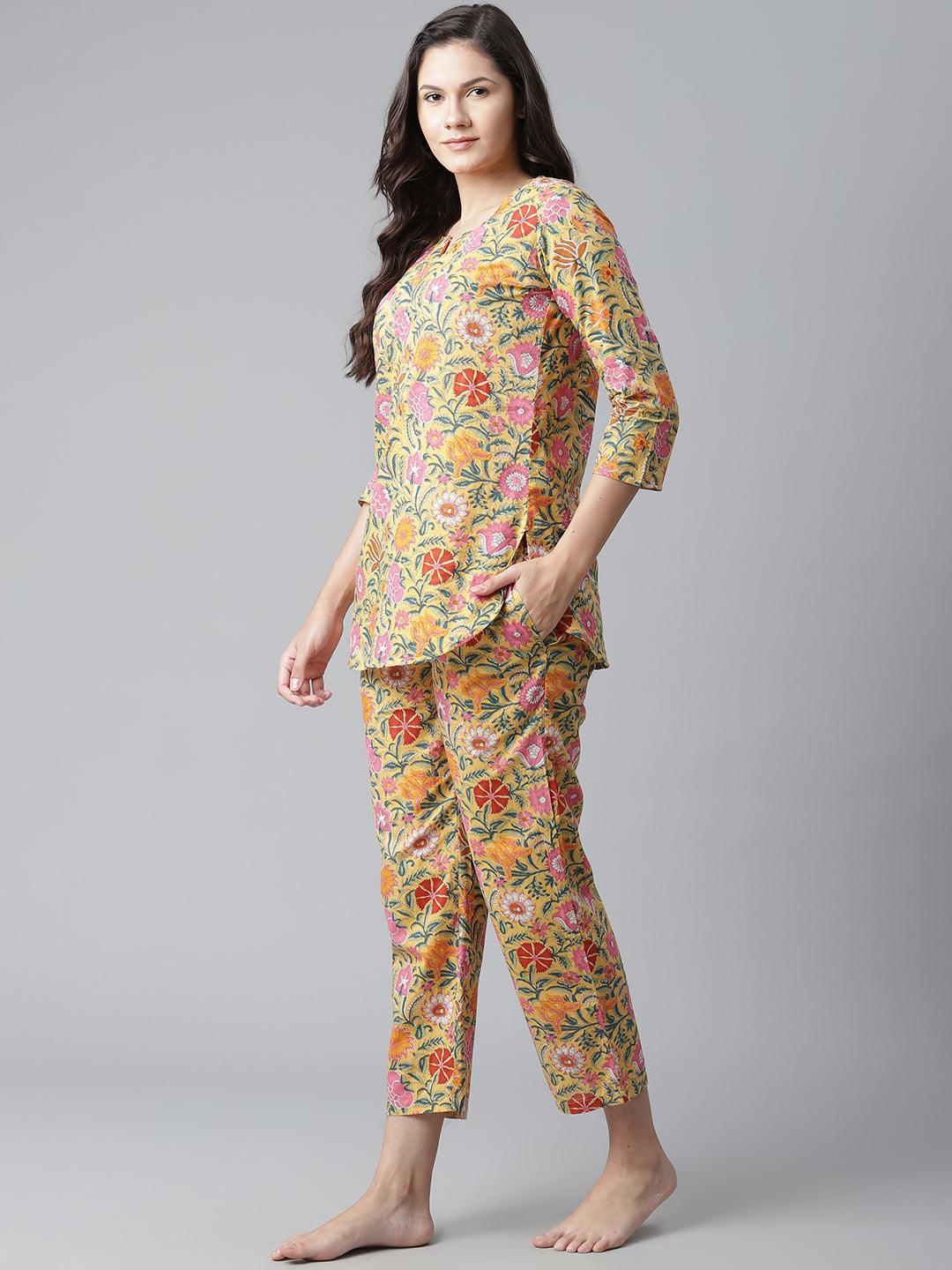 Divena Yellow Printed Cotton Night Wear - divena world