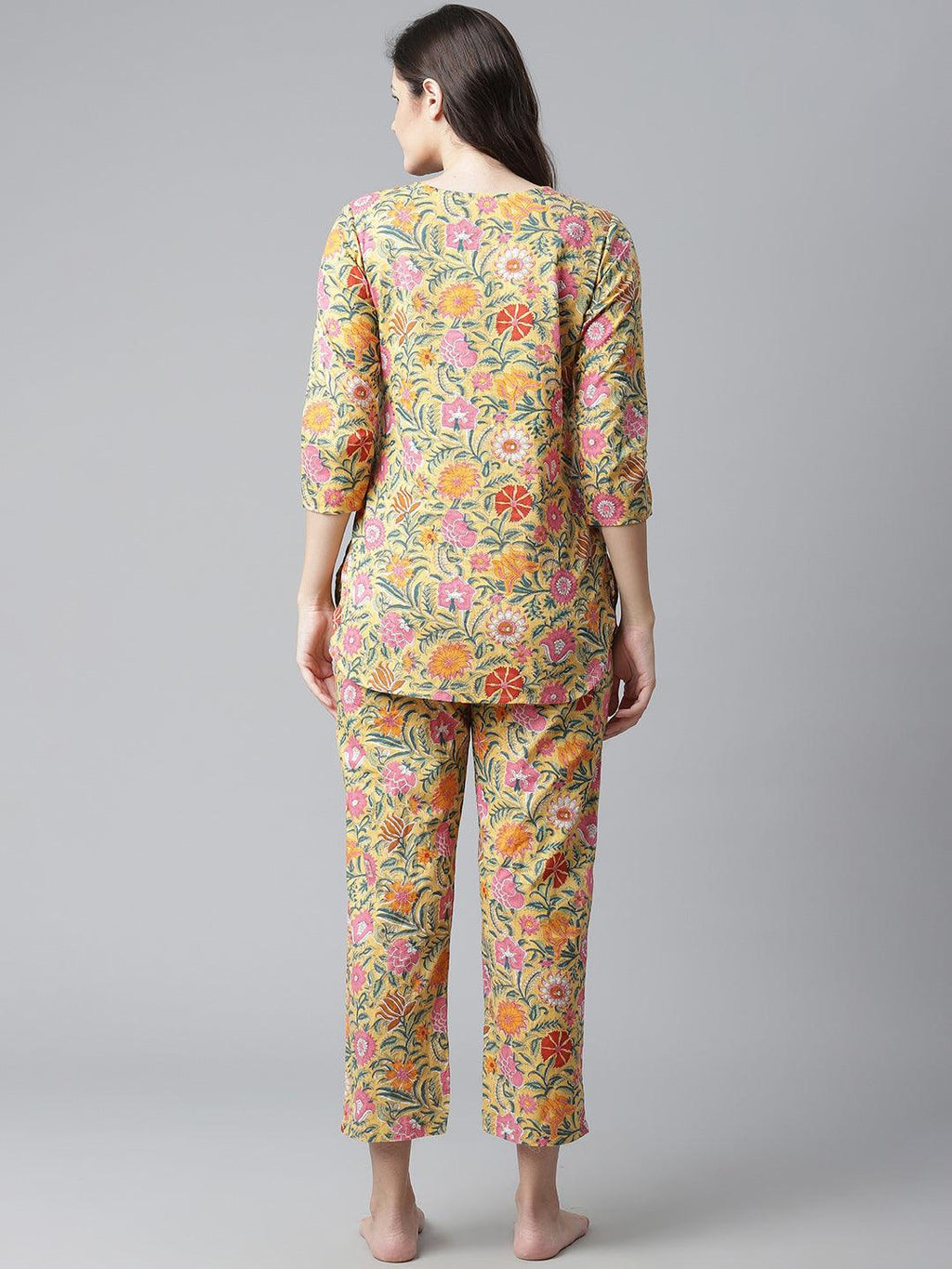 Divena Yellow Printed Cotton Night Wear - divena world