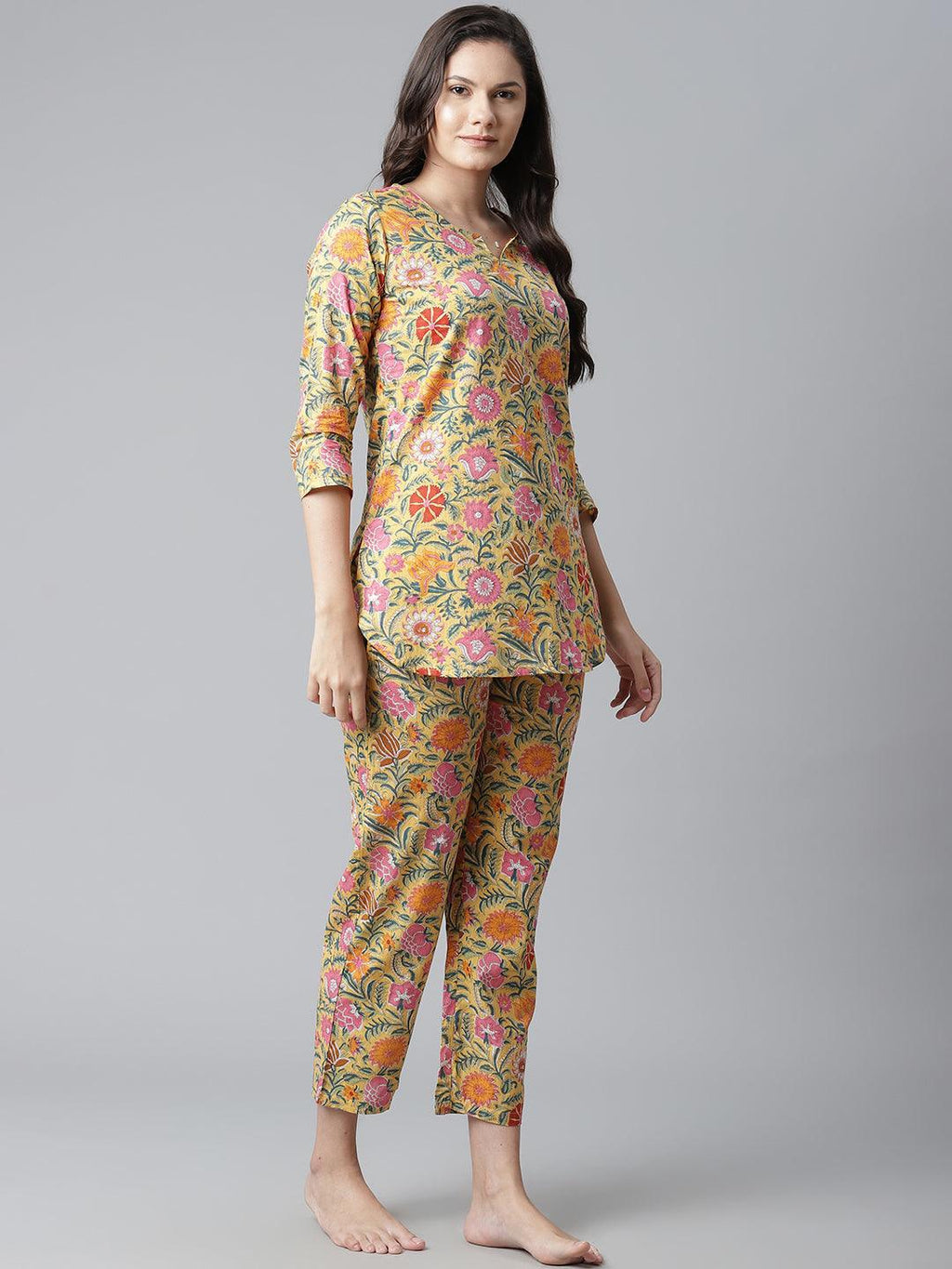 Divena Yellow Printed Cotton Night Wear - divena world
