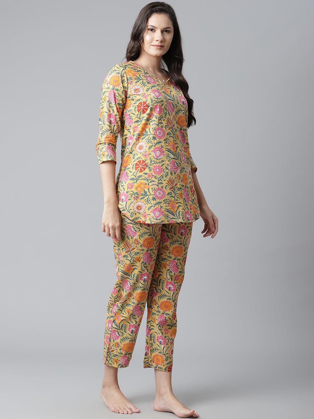 Divena Yellow Printed Cotton Night Wear - divena world