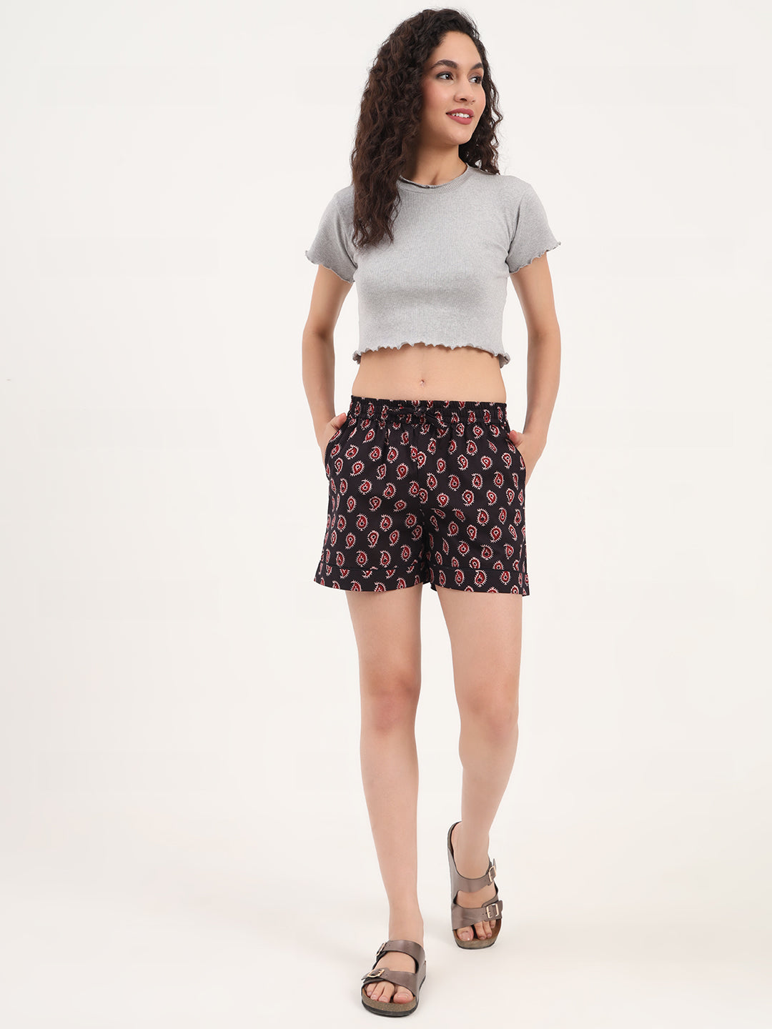 Noe Velarro Black Paisley Print Cotton Shorts