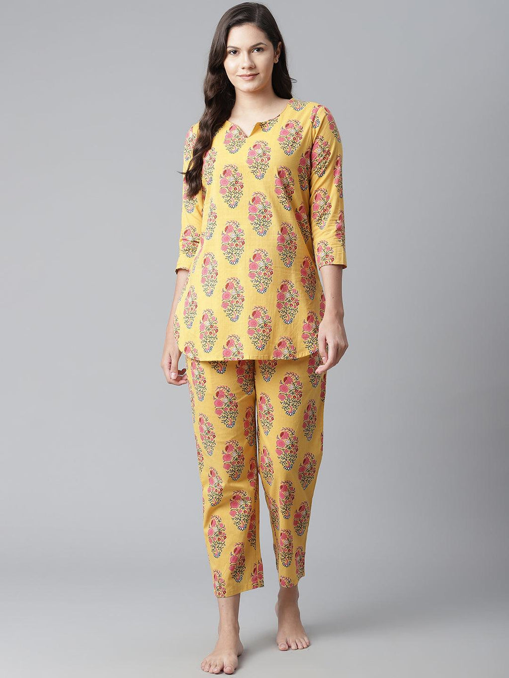 Divena Yellow Flower Cotton Motif Nightwear - divena world
