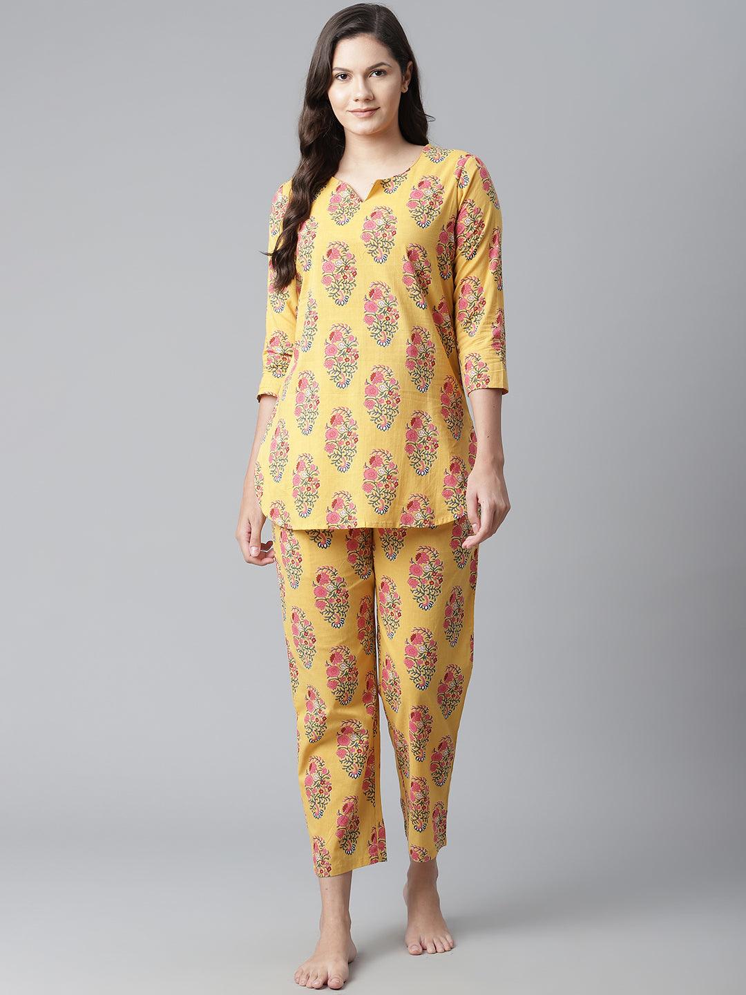 Divena Yellow Flower Cotton Motif Nightwear - divena world