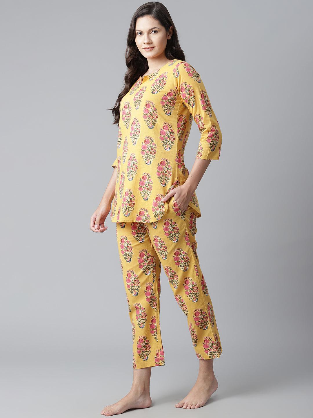 Divena Yellow Flower Cotton Motif Nightwear - divena world
