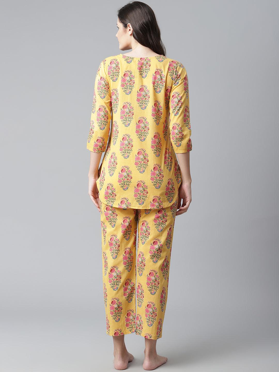Divena Yellow Flower Cotton Motif Nightwear - divena world