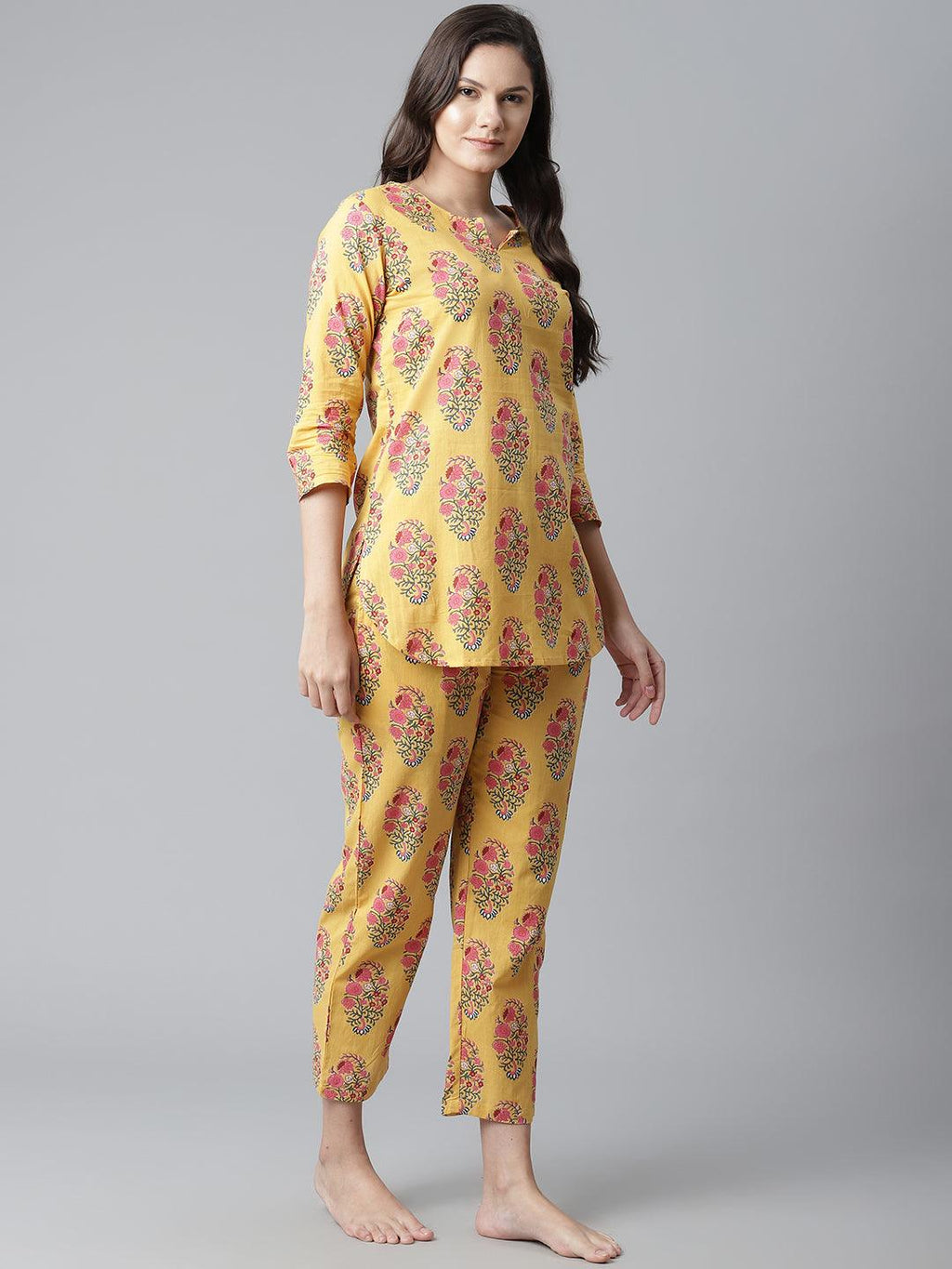 Divena Yellow Flower Cotton Motif Nightwear - divena world