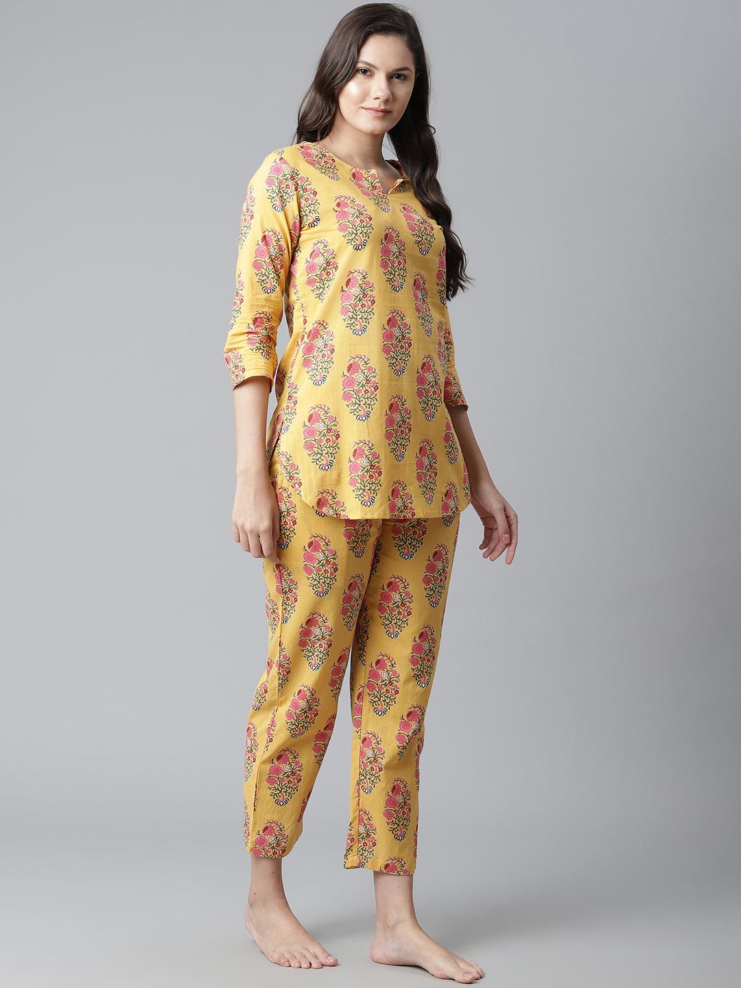 Divena Yellow Flower Cotton Motif Nightwear - divena world
