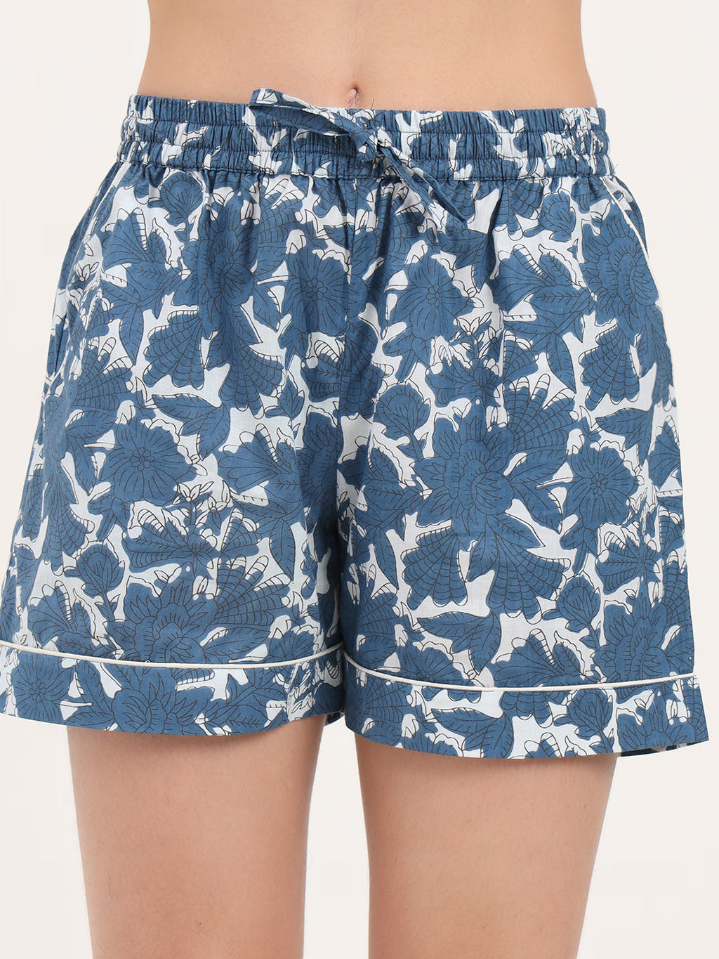 Noe Velarro Blue Floral Print Cotton Shorts