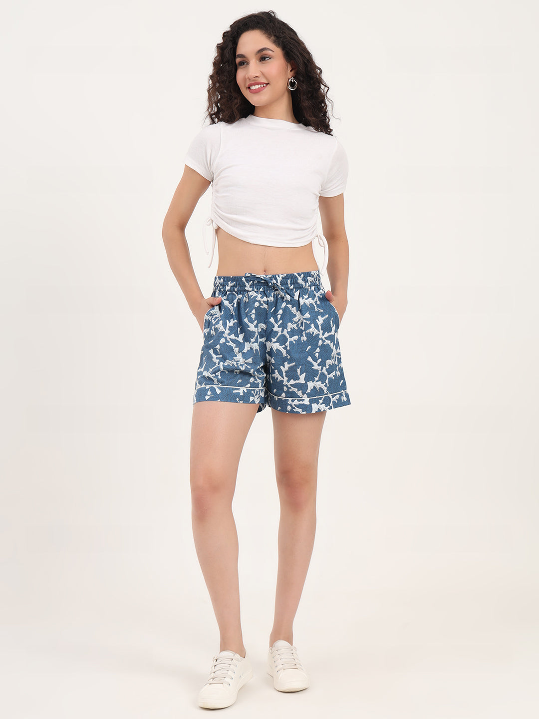 Noe Velarro Blue Floral Print Cotton Shorts