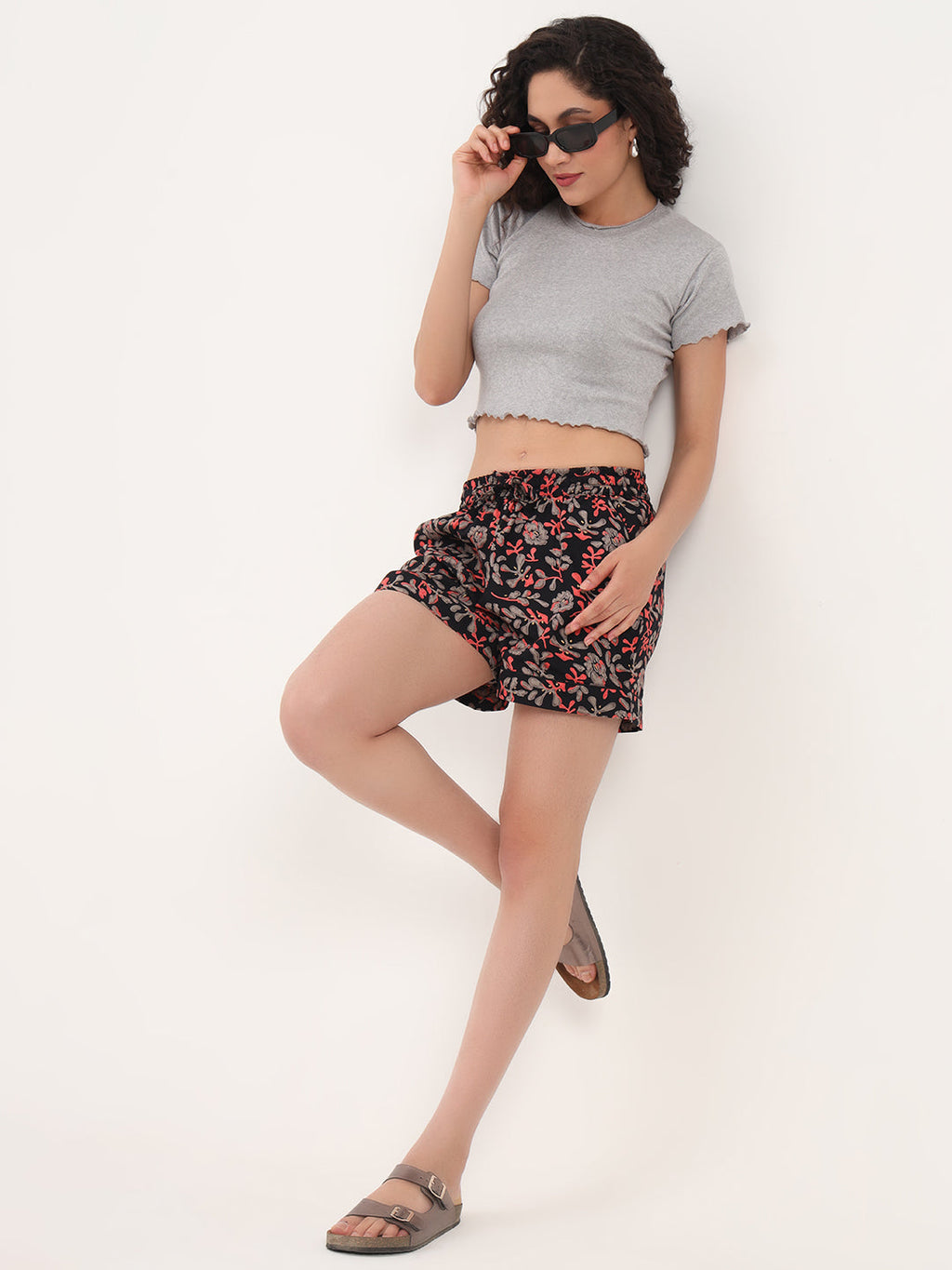 Noe Velarro Black Floral Print Cotton Shorts