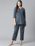 Divena Dark Blue Buti Print Cotton Nightwear - divena world