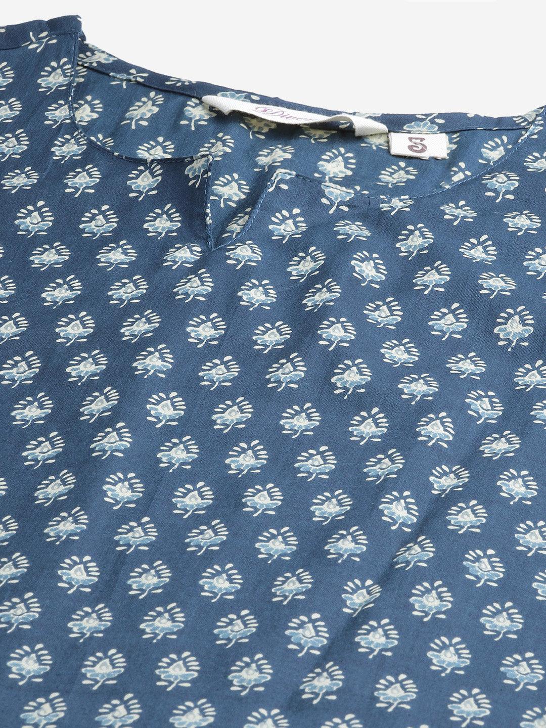 Divena Dark Blue Buti Print Cotton Nightwear - divena world
