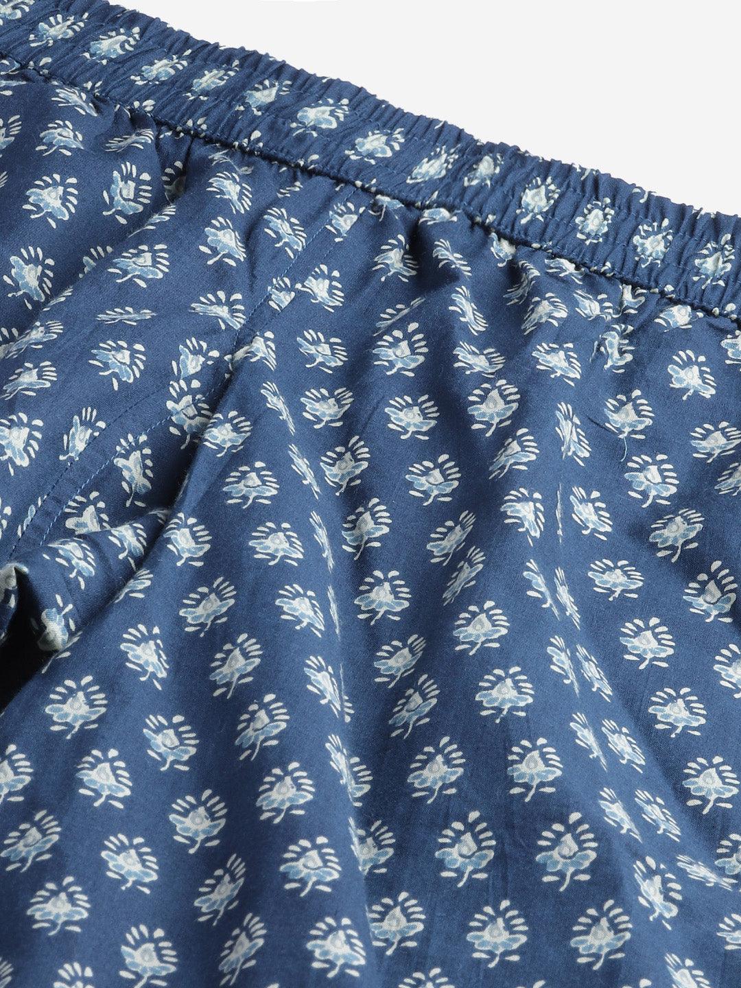 Divena Dark Blue Buti Print Cotton Nightwear - divena world