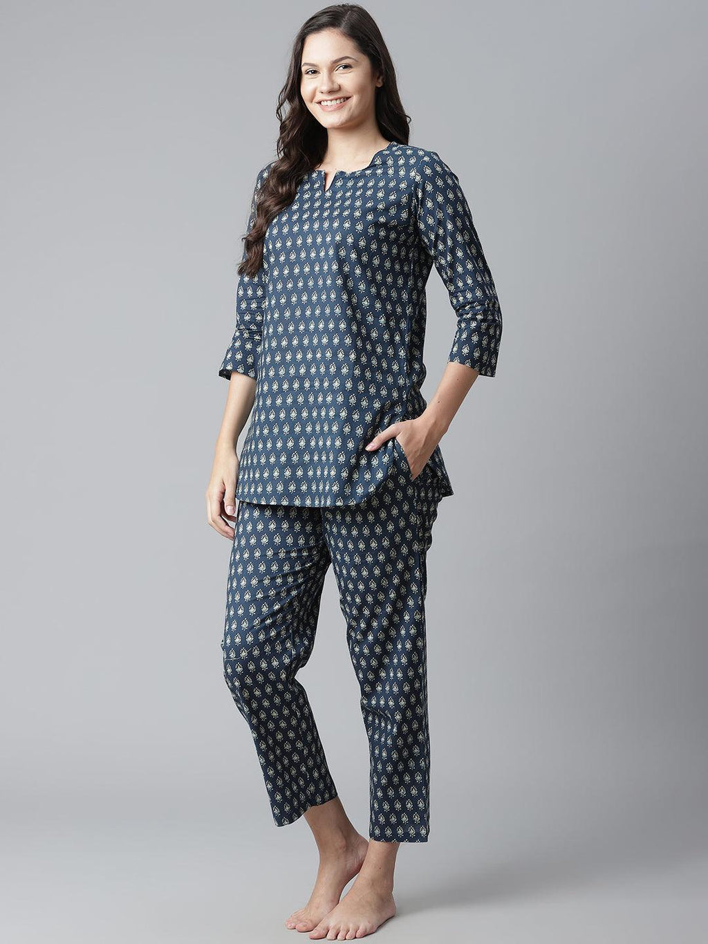 Divena Dark Blue Buti Print Cotton Nightwear - divena world