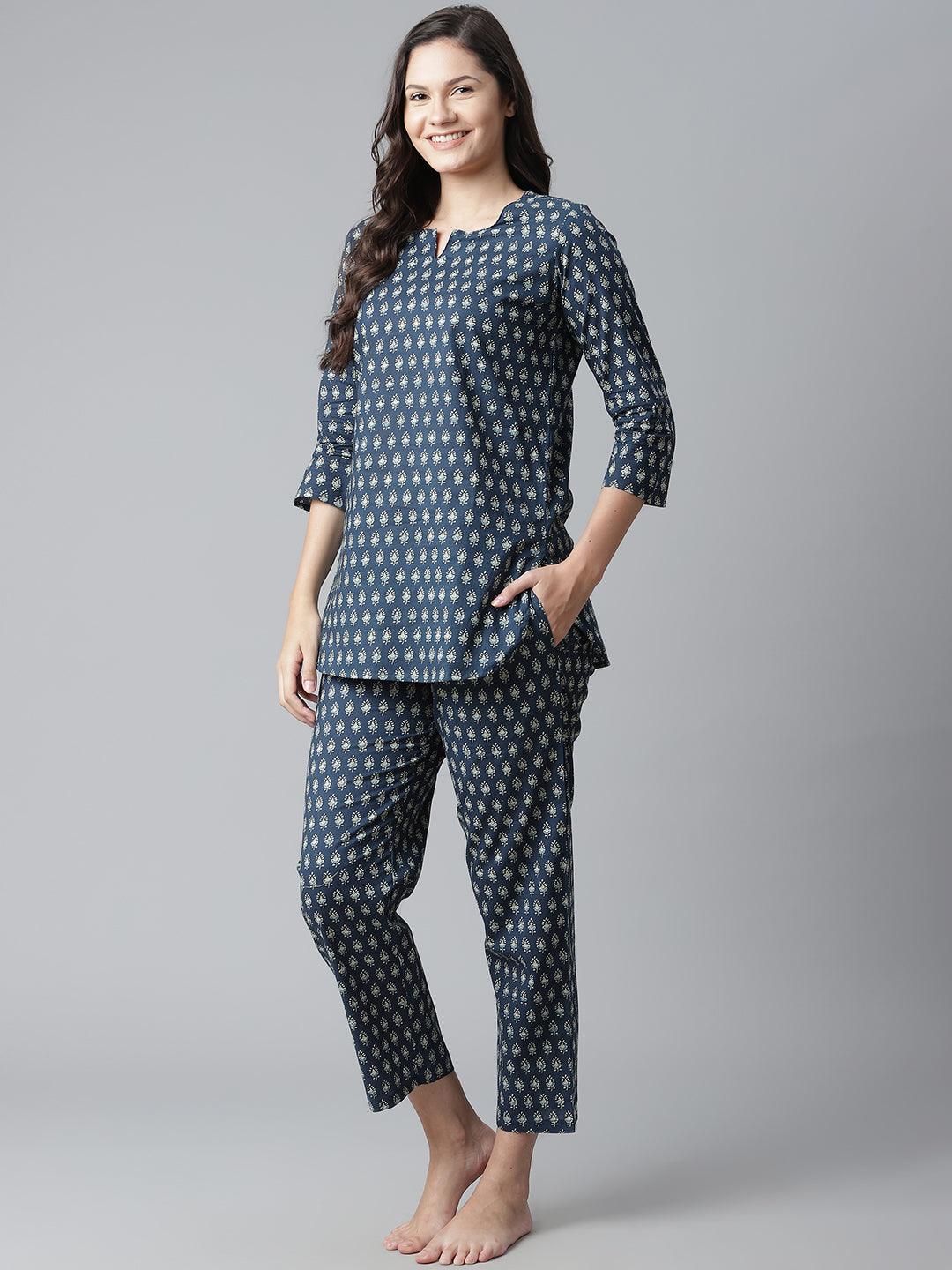 Divena Dark Blue Buti Print Cotton Nightwear - divena world