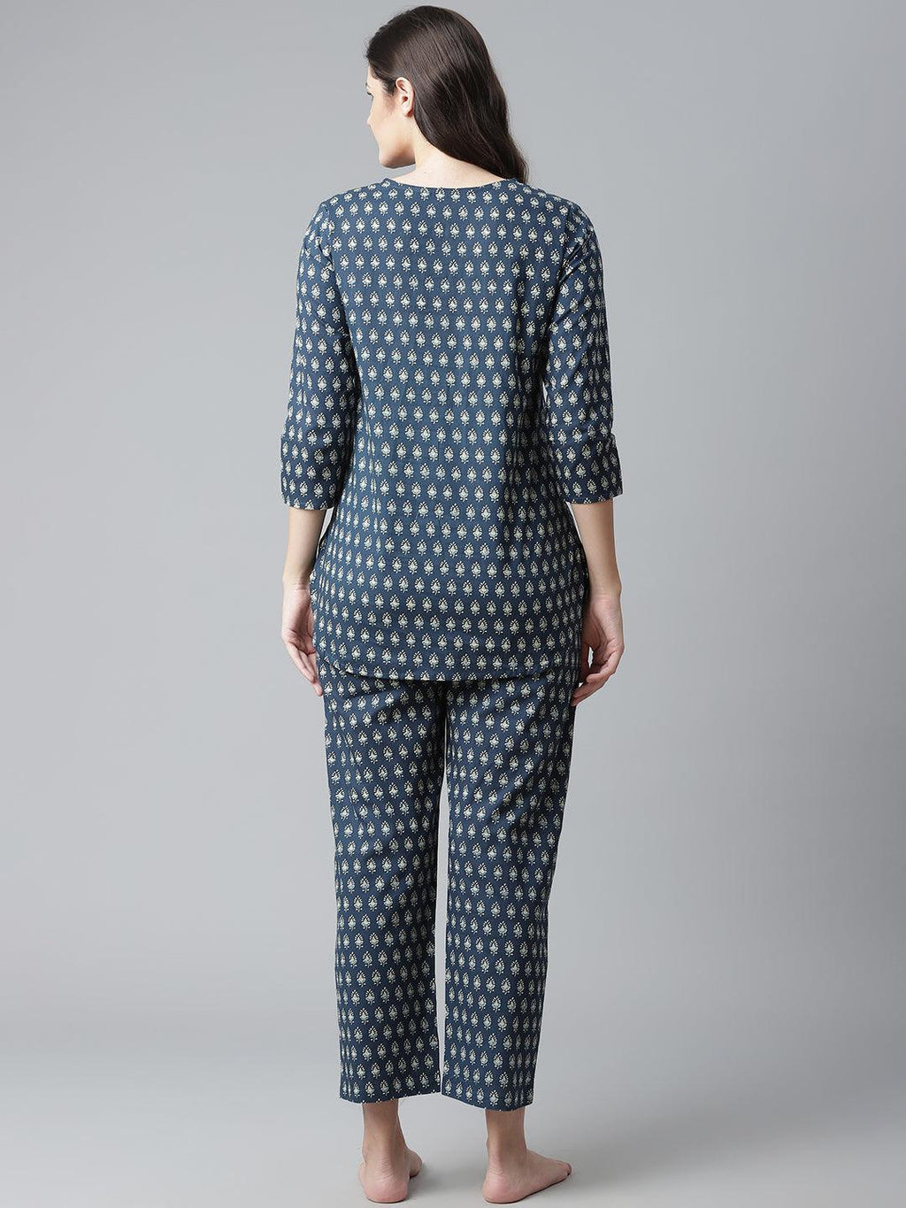 Divena Dark Blue Buti Print Cotton Nightwear - divena world
