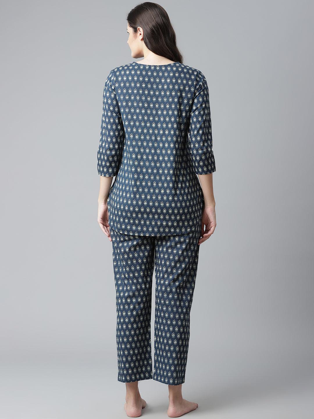 Divena Dark Blue Buti Print Cotton Nightwear - divena world