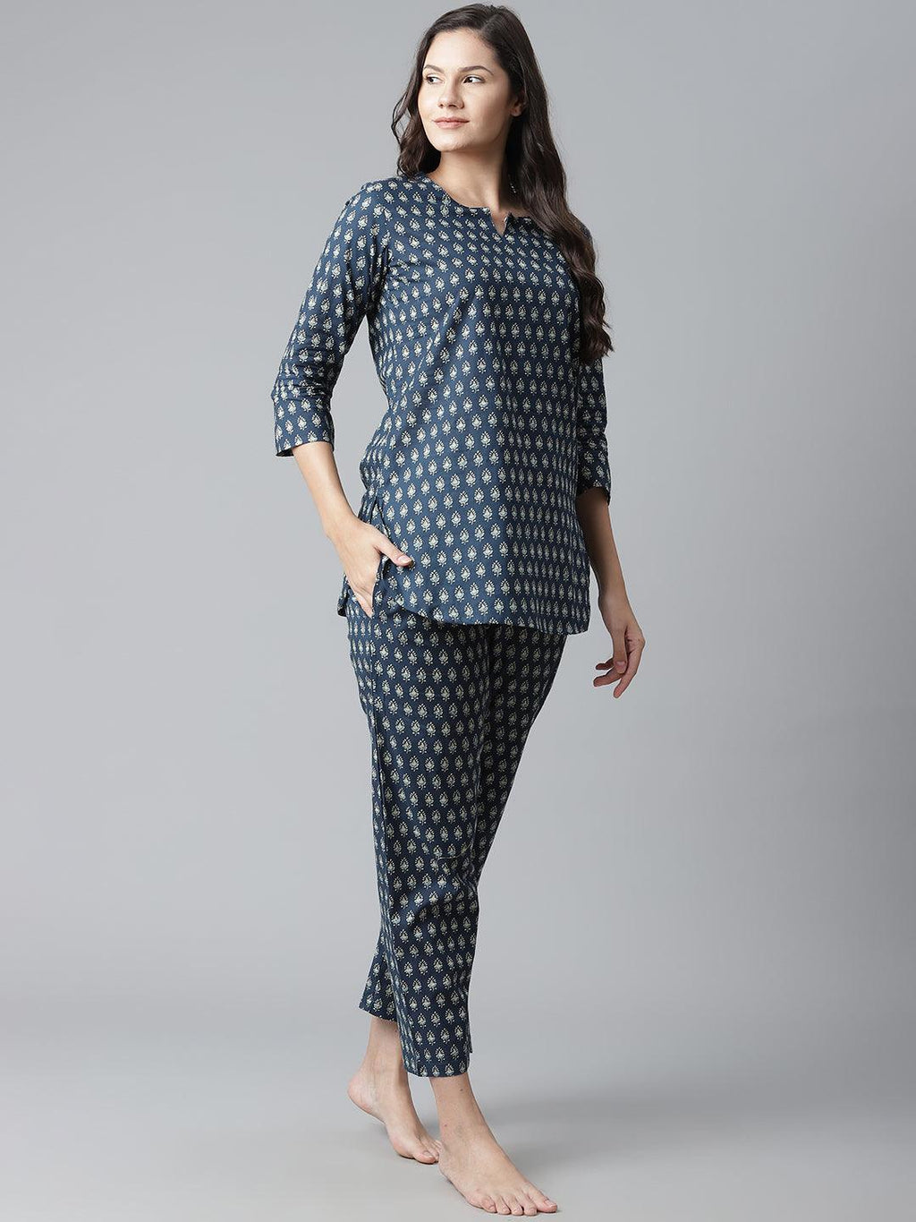 Divena Dark Blue Buti Print Cotton Nightwear - divena world