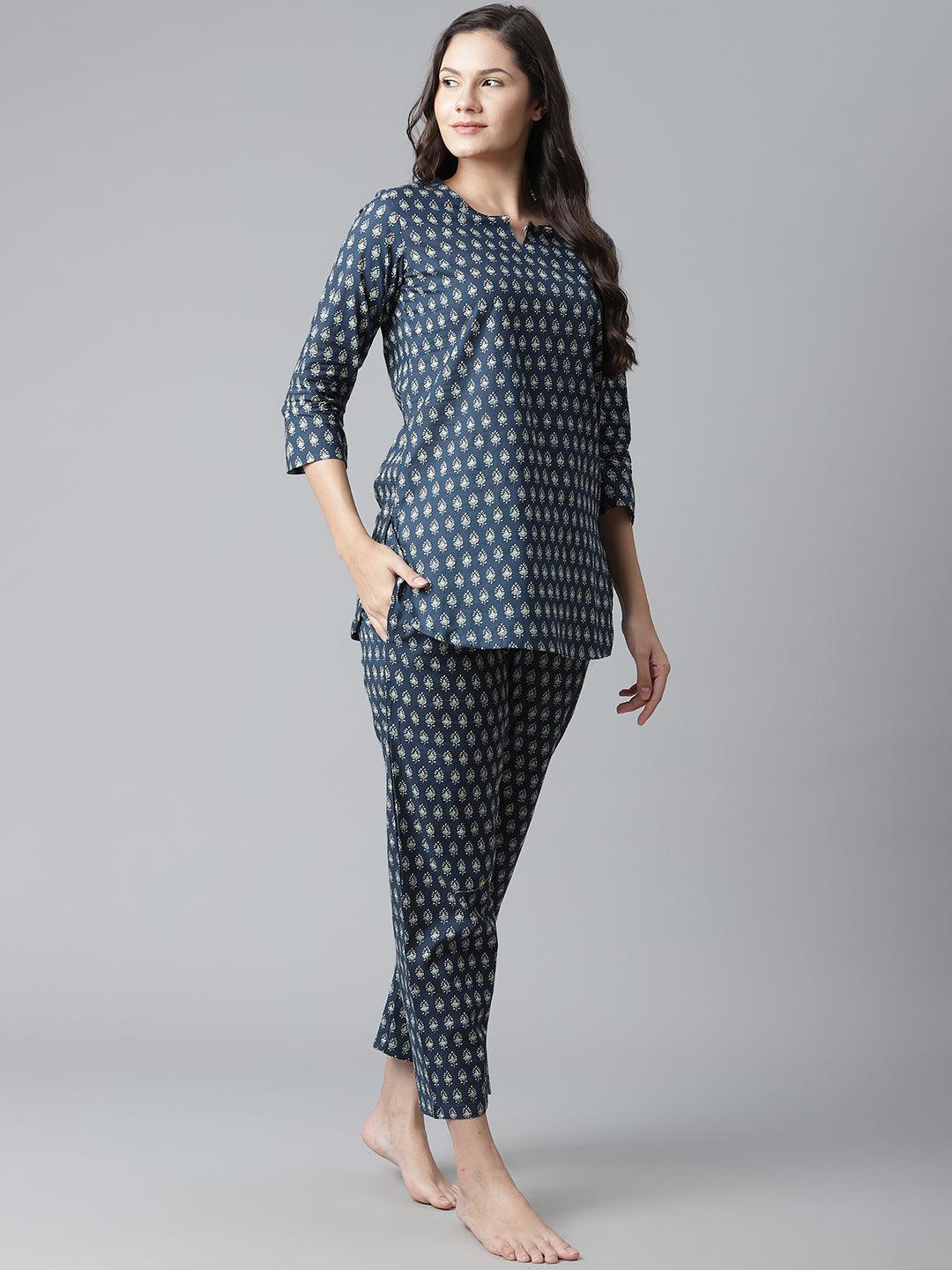 Divena Dark Blue Buti Print Cotton Nightwear - divena world