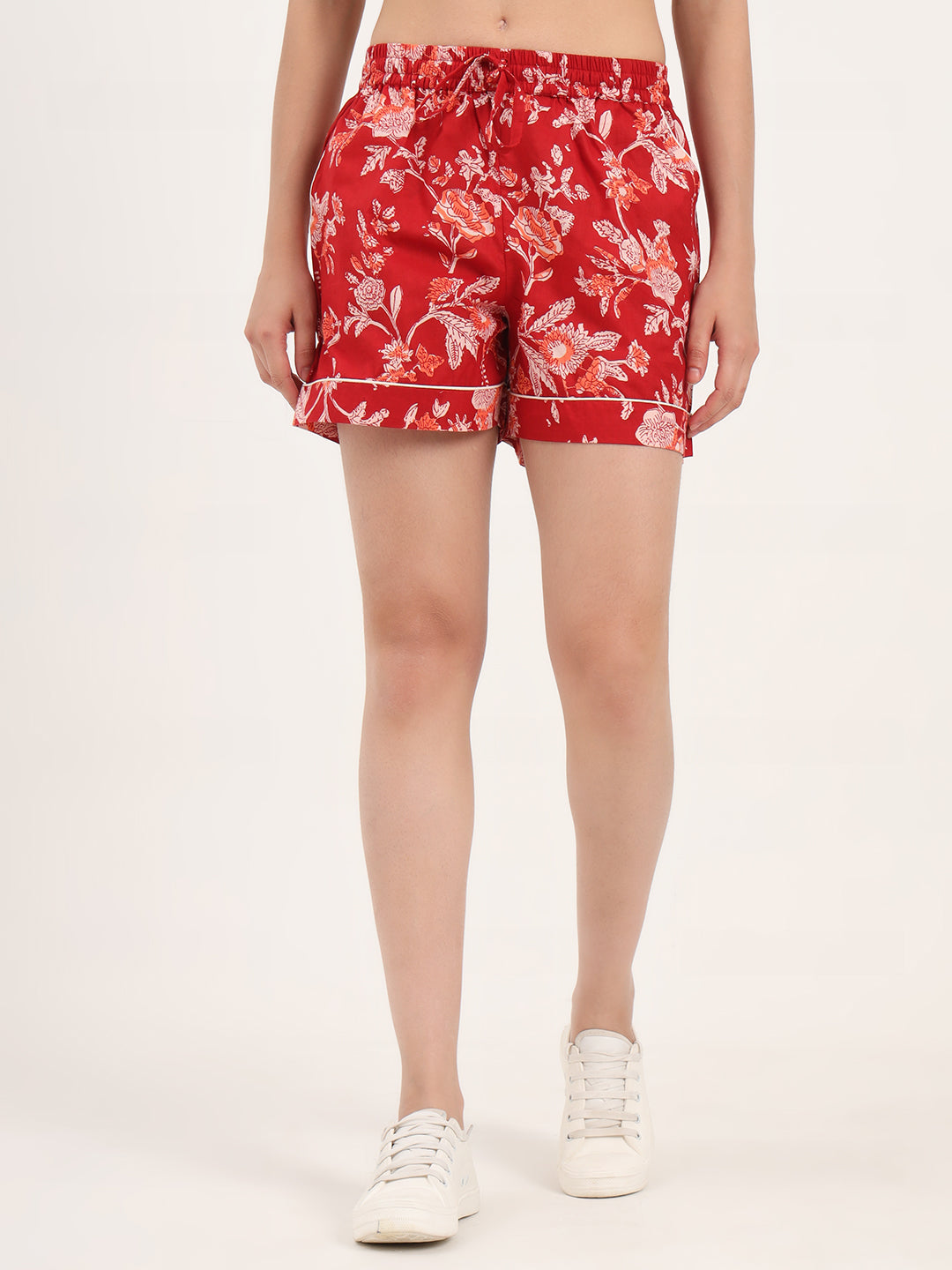 Noe Velarro Red Floral Print Cotton Shorts