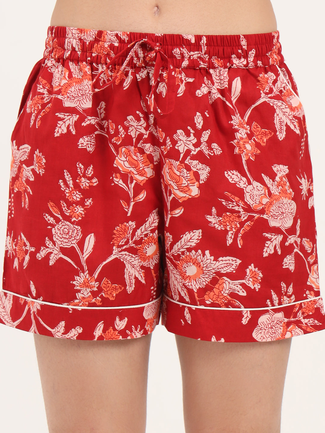 Noe Velarro Red Floral Print Cotton Shorts