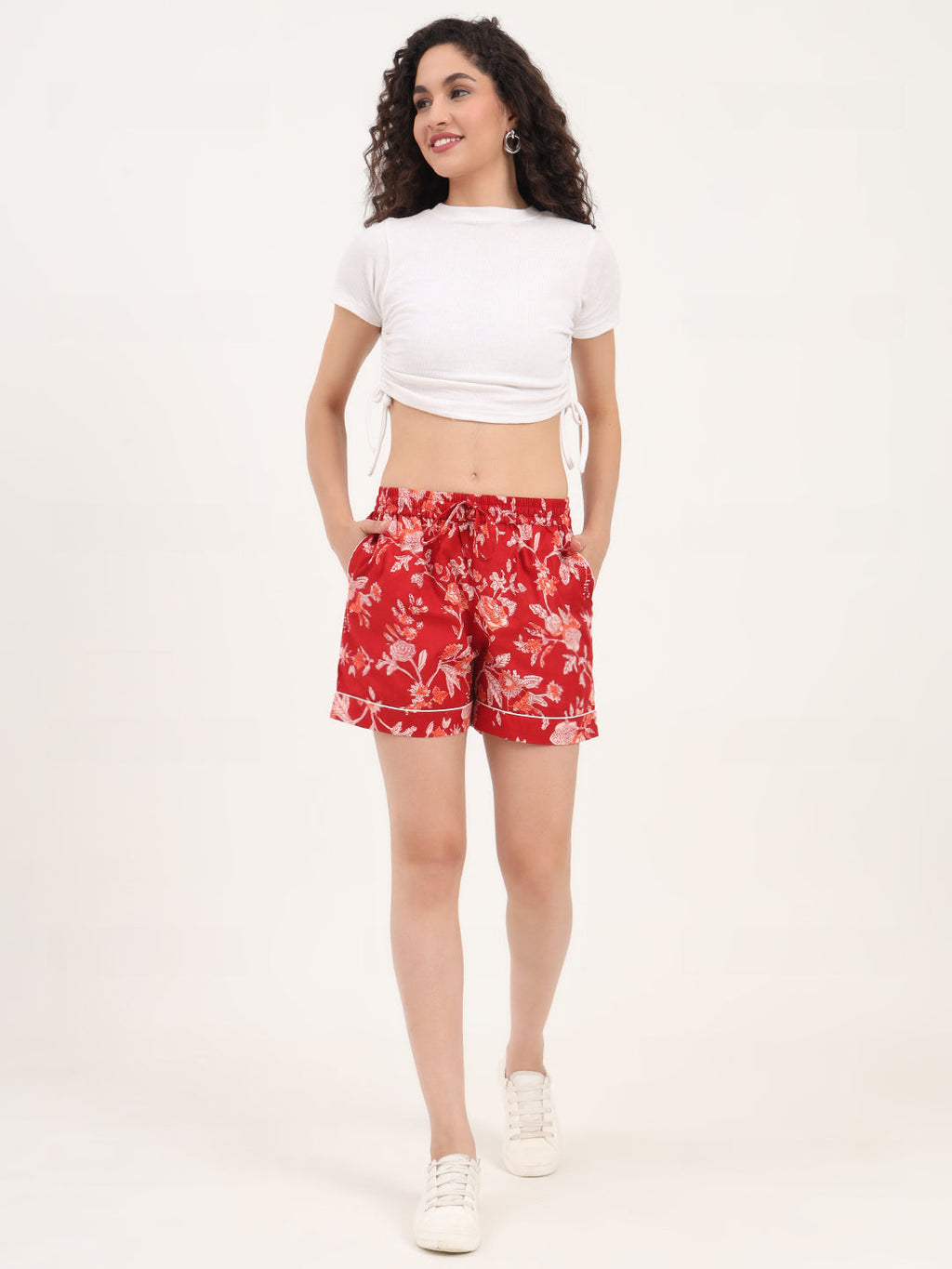 Noe Velarro Red Floral Print Cotton Shorts