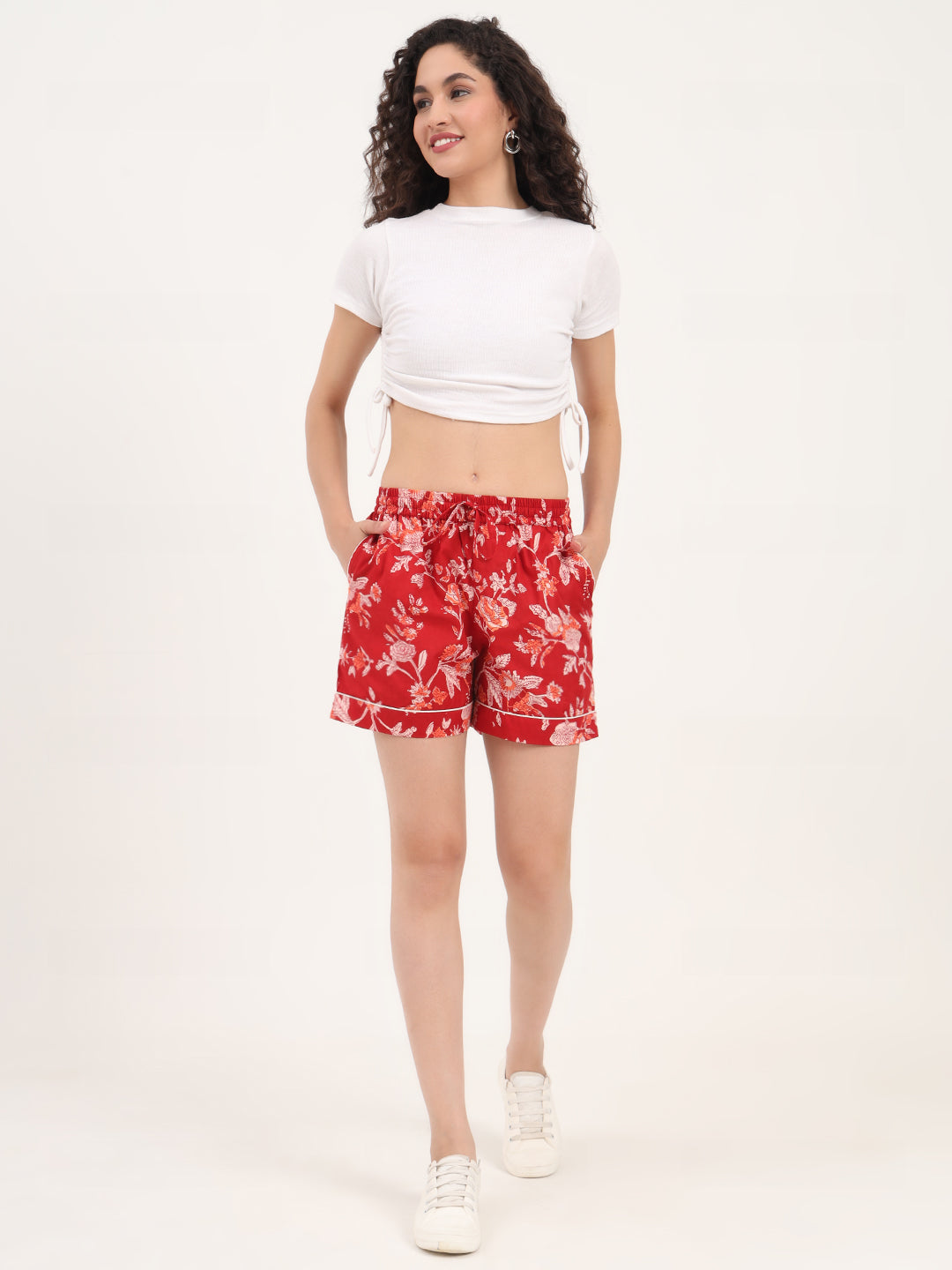 Noe Velarro Red Floral Print Cotton Shorts