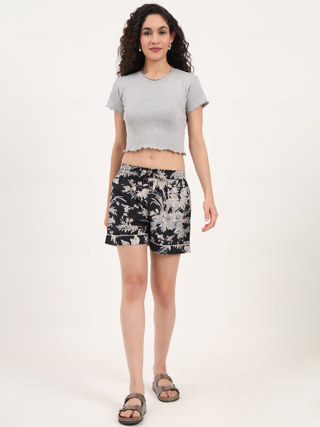 Noe Velarro Dark Black Floral Print Cotton Shorts