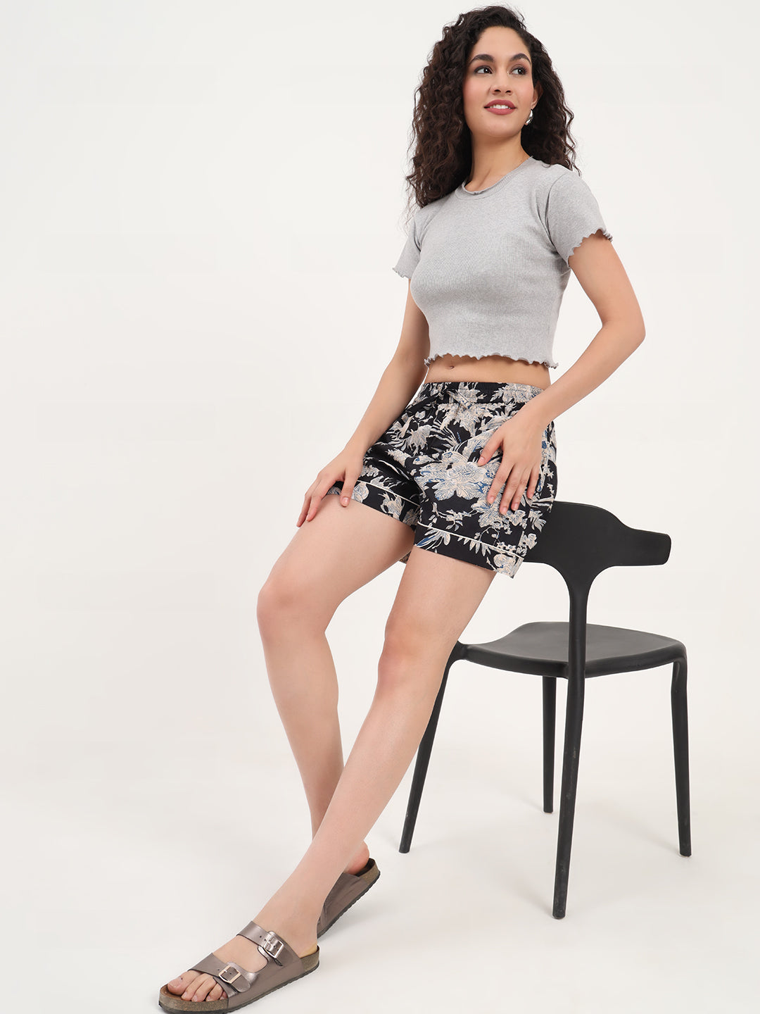 Noe Velarro Dark Black Floral Print Cotton Shorts