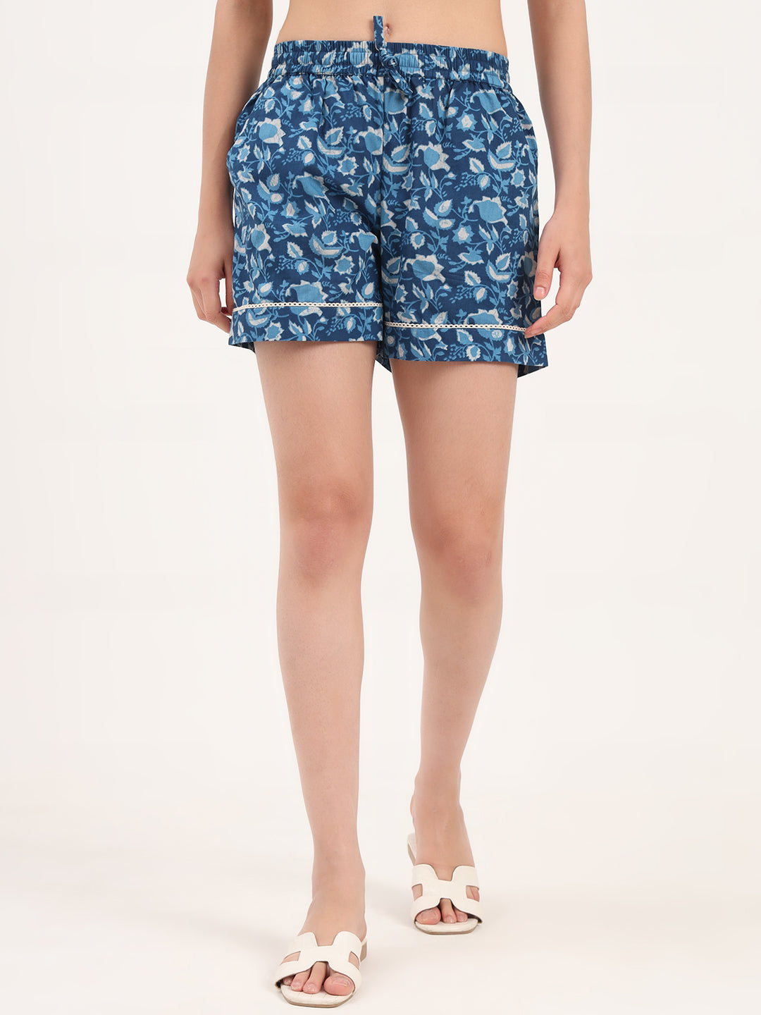 Noe Velarro Light Blue Floral Print Cotton Shorts