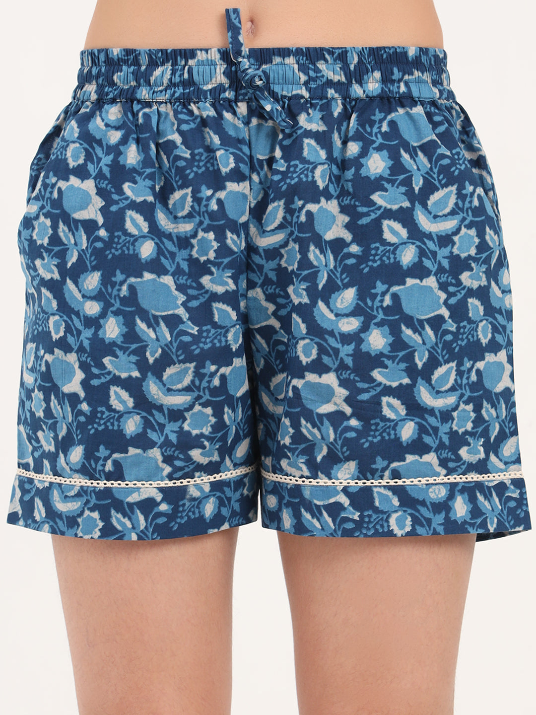 Noe Velarro Light Blue Floral Print Cotton Shorts