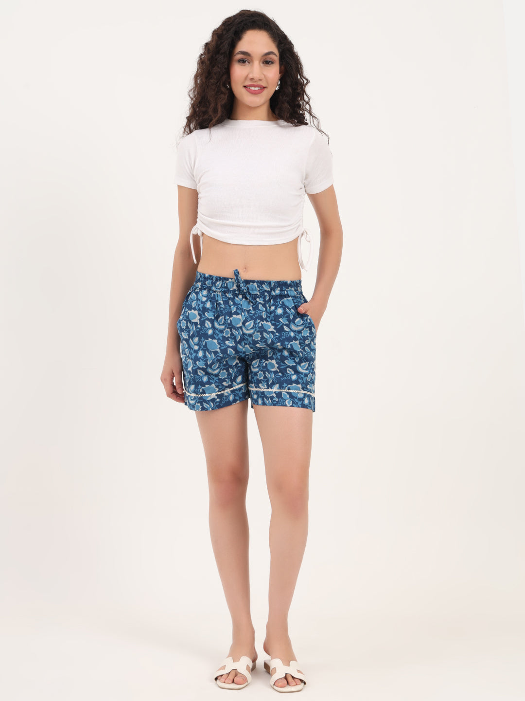 Noe Velarro Light Blue Floral Print Cotton Shorts