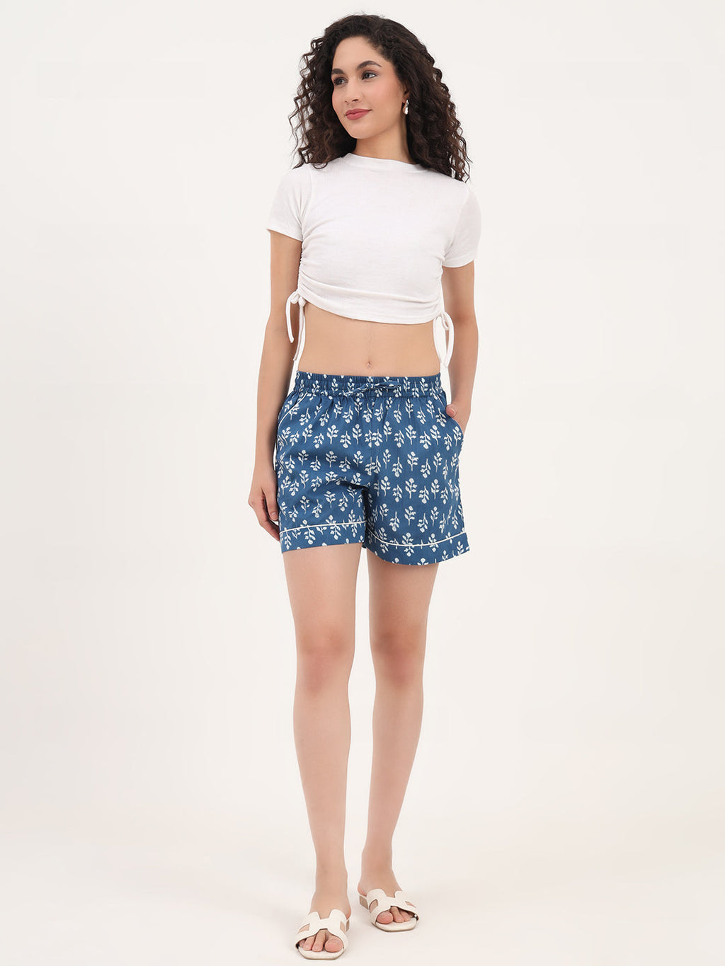 Noe Velarro Blue Floral Print Cotton Shorts