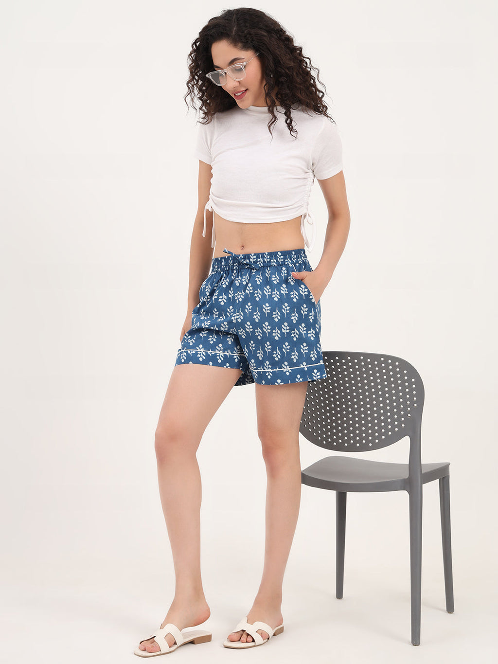 Noe Velarro Blue Floral Print Cotton Shorts