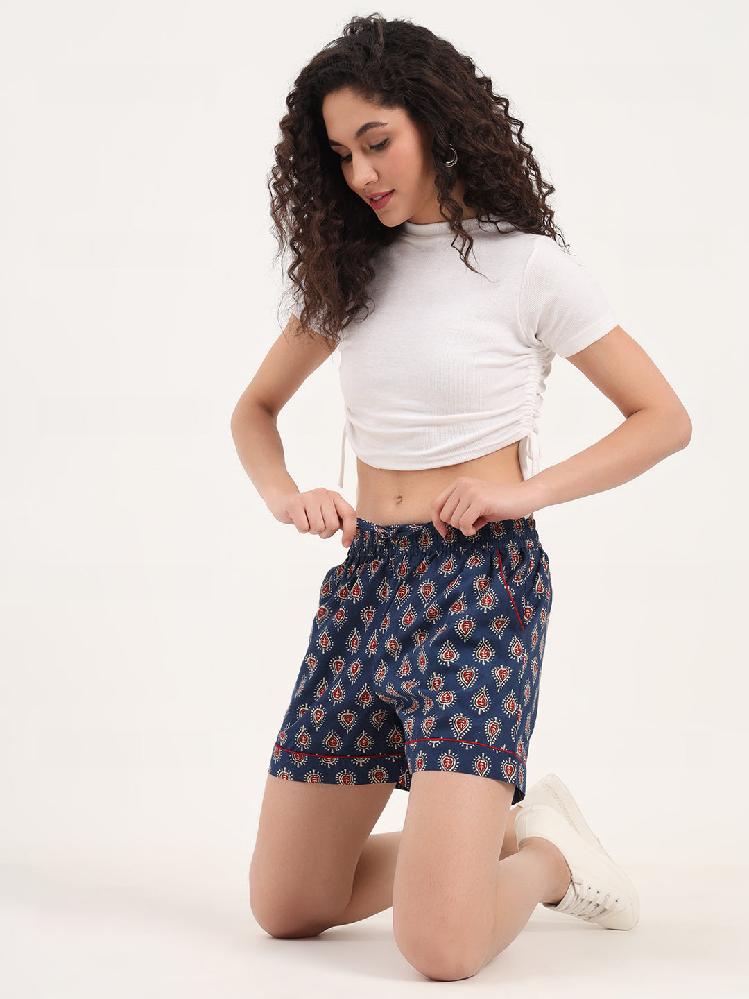 Noe Velarro Navy Blue Paislay Print Cotton Shorts