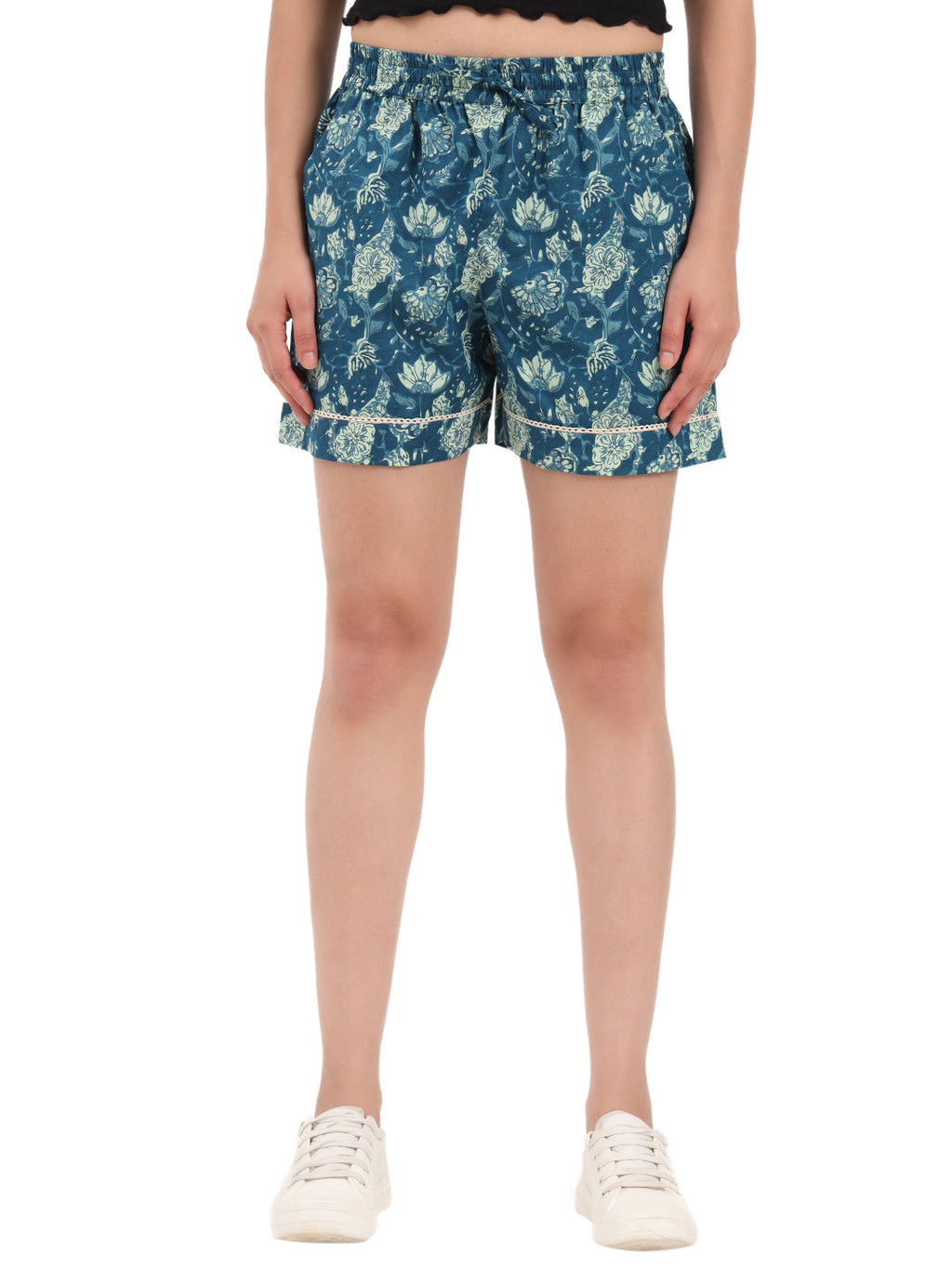 Noe Velarro Blue Floral Print Cotton Shorts