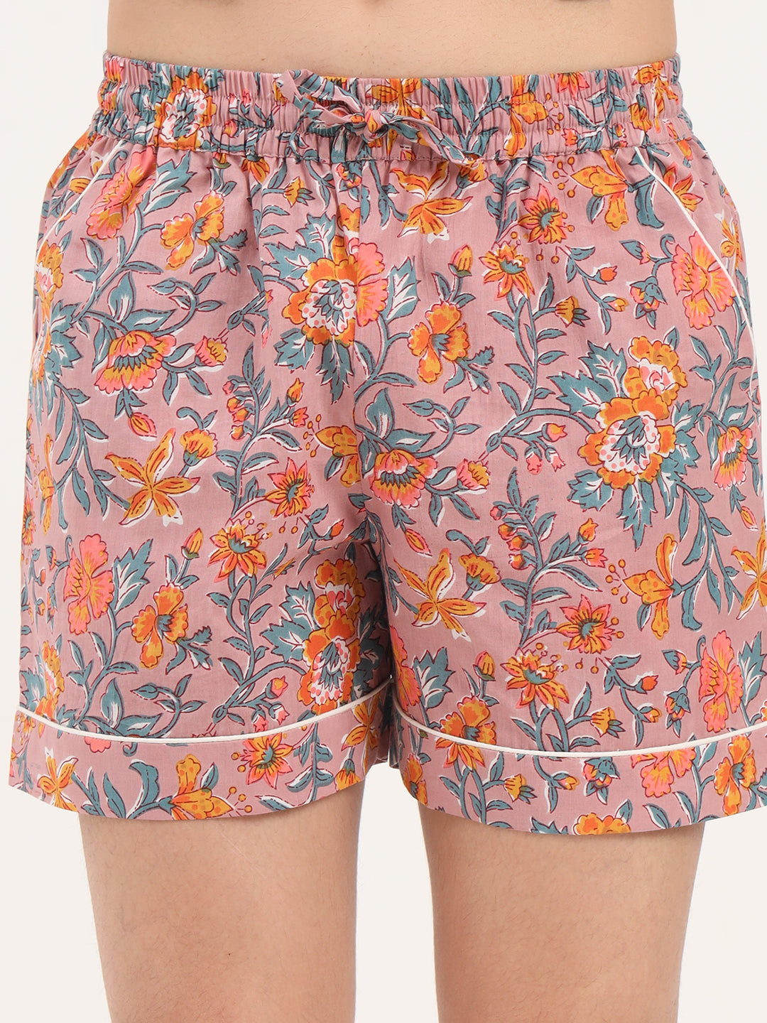 Noe Velarro Orange Floral Print Cotton Shorts