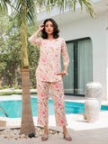 Noe Velarro Cream Floral Print Cotton Regular Fit Night Suit Set