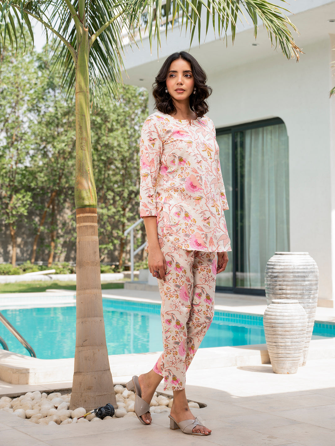 Noe Velarro Cream Floral Print Cotton Regular Fit Night Suit Set