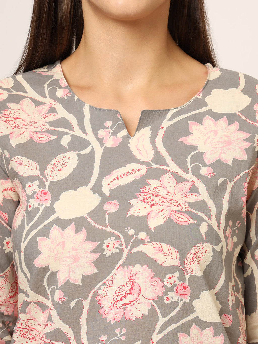 Noe Velarro Grey Floral Print Cotton Regular Fit Night Suit