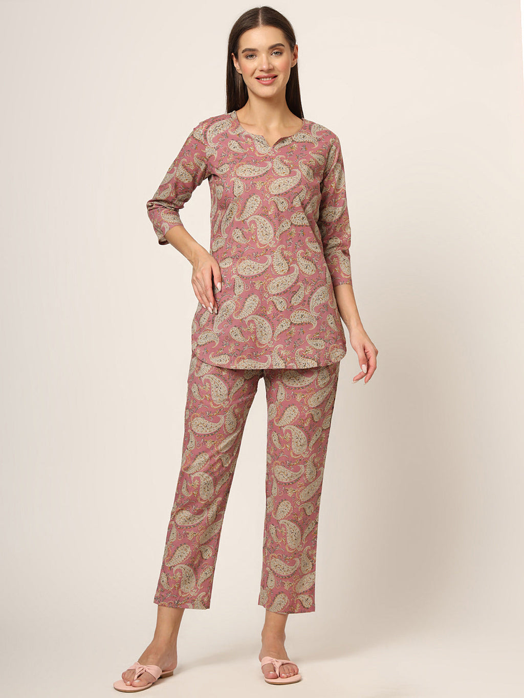 Noe Velarro Pink Floral Print Cotton Regular Fit Night Suit