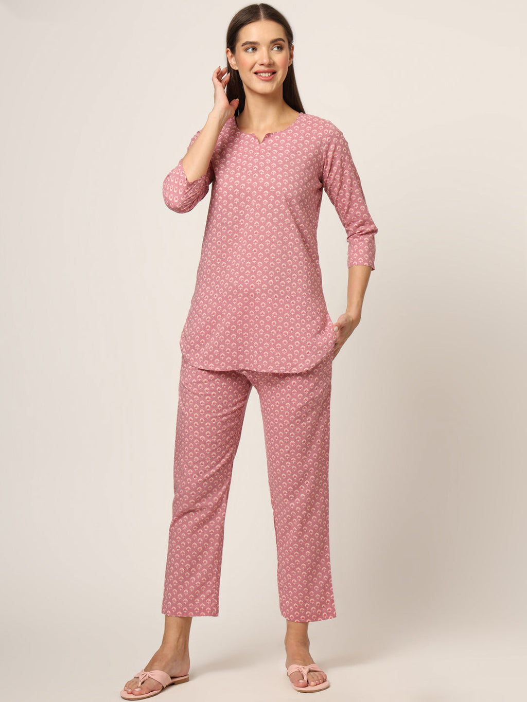 Noe Velarro Pink Floral Print Cotton Regular Fit Night Suit