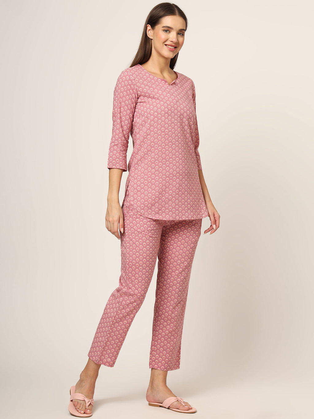 Noe Velarro Pink Floral Print Cotton Regular Fit Night Suit